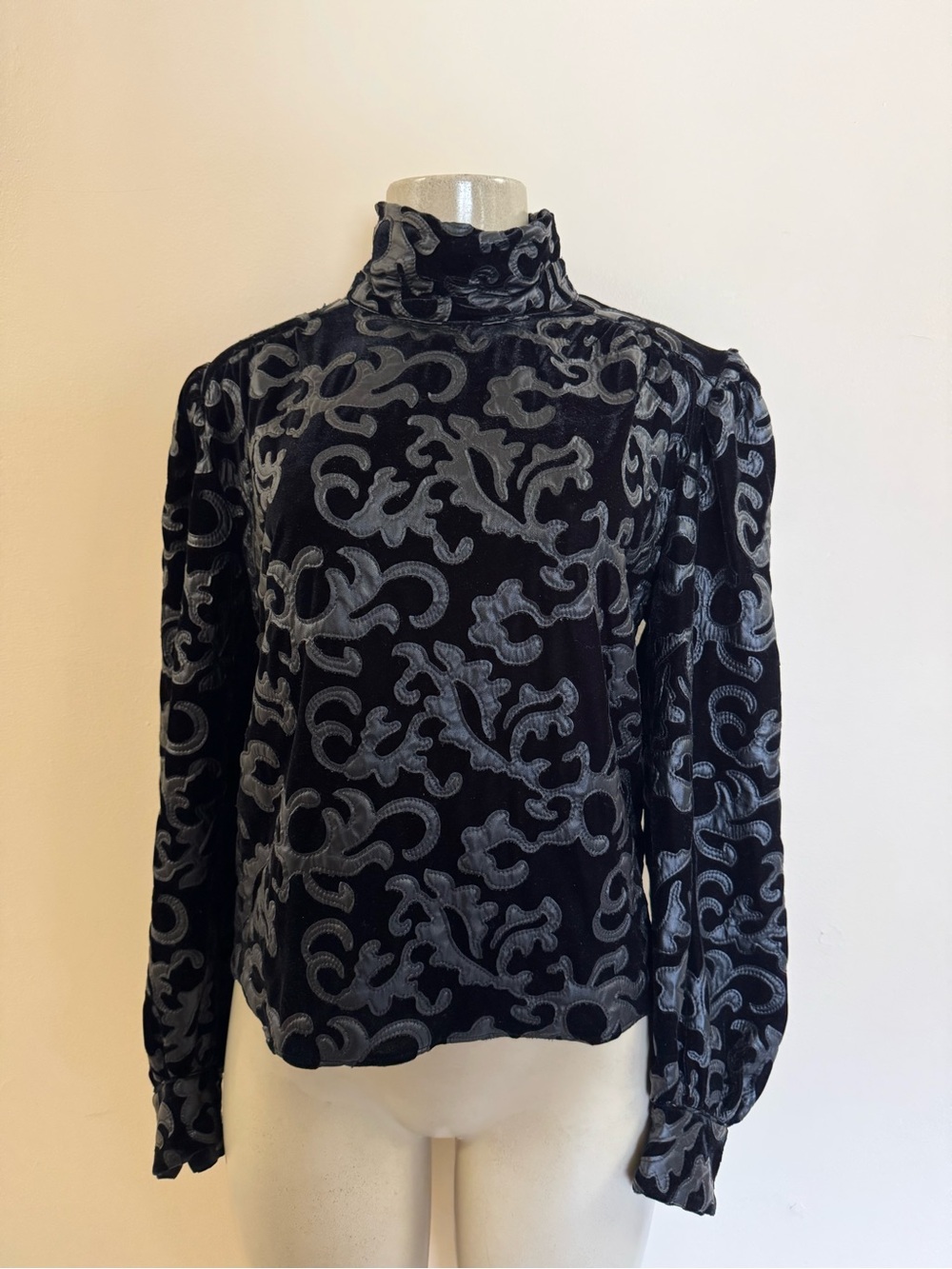 Zara Black Velvet Damask High Neck Blouse Size Small EUC